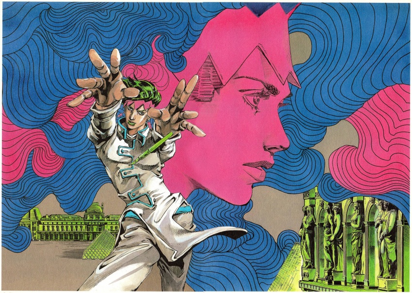 1boy araki_hirohiko coat diamond_wa_kudakenai earrings green_hair green_lips grey_coat hatching_(texture) headband high_collar highres jewelry jojo_no_kimyou_na_bouken jojo_pose kishibe_rohan kishibe_rohan_ruuvuru_e_iku louvre_pyramid makeup male_focus nib_pen_(object) non-web_source official_art parted_lips pelvic_curtain pen pink_headband pink_theme projected_inset standing statue traditional_media