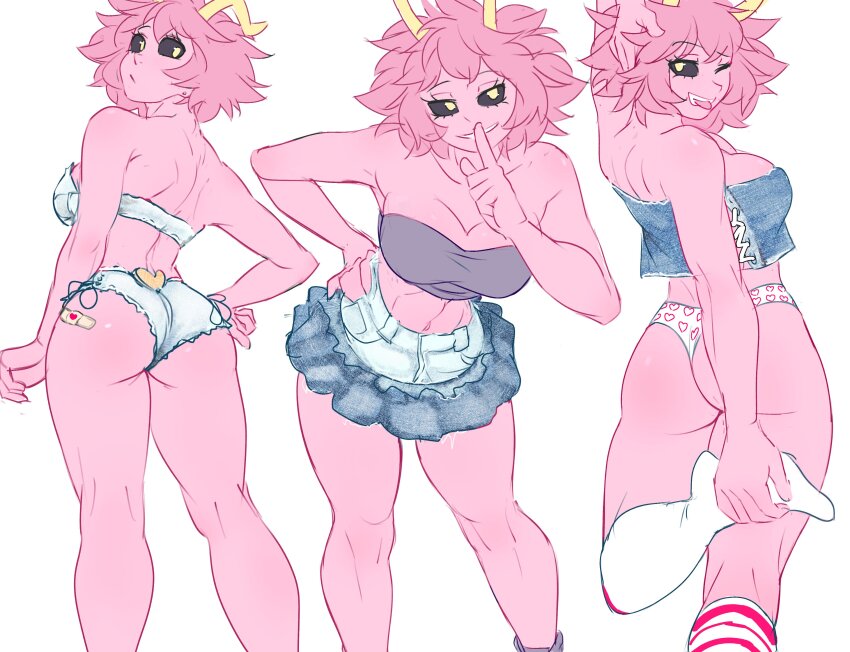 1girl absurdres ashido_mina ass back bandaid bare_shoulders bikini boku_no_hero_academia breasts cleavage heart heart_print hhholic highres horns looking_at_viewer midriff navel one_eye_closed panties pink_hair print_panties simple_background socks solo standing swimsuit thighs underwear