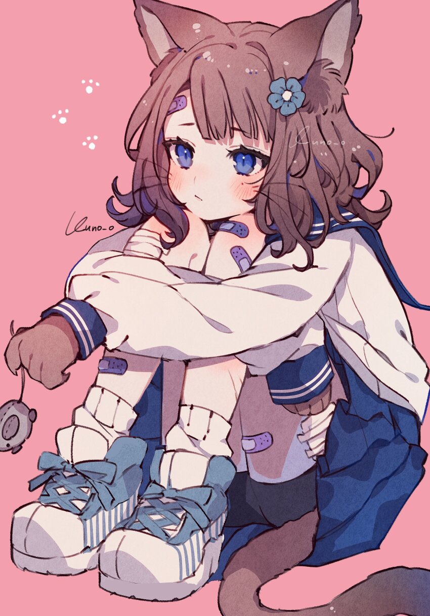 1girl animal_ears animal_hands bandaid bandaid_on_face bandaid_on_forehead bandaid_on_knee bandaid_on_leg bandaid_on_thigh bike_shorts bike_shorts_under_skirt black_shorts blue_eyes blue_sailor_collar blue_skirt brown_hair cat_ears cat_girl cat_tail full_body highres hugging_own_legs jikuno long_sleeves loose_socks medium_hair original pleated_skirt revision sailor_collar school_uniform serafuku shirt shoes shorts sitting skirt sneakers socks tail toy_mouse upskirt whiskers white_shirt white_socks