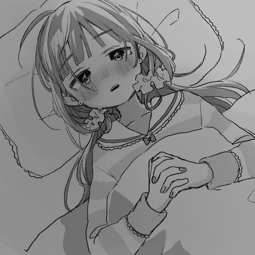 1girl ahoge blunt_bangs blush collarbone dutch_angle greyscale hair_ornament hair_scrunchie highres htnmanpp idolmaster idolmaster_million_live! idolmaster_million_live!_theater_days interlocked_fingers lace lace-trimmed_shirt lace_trim long_sleeves looking_at_viewer low_twintails lying matsuda_arisa monochrome nose_blush on_back on_bed open_mouth own_hands_together pillow ribbon round_collar scrunchie shirt solo striped_clothes striped_shirt tearing_up tears teeth twintails upper_body upper_teeth_only