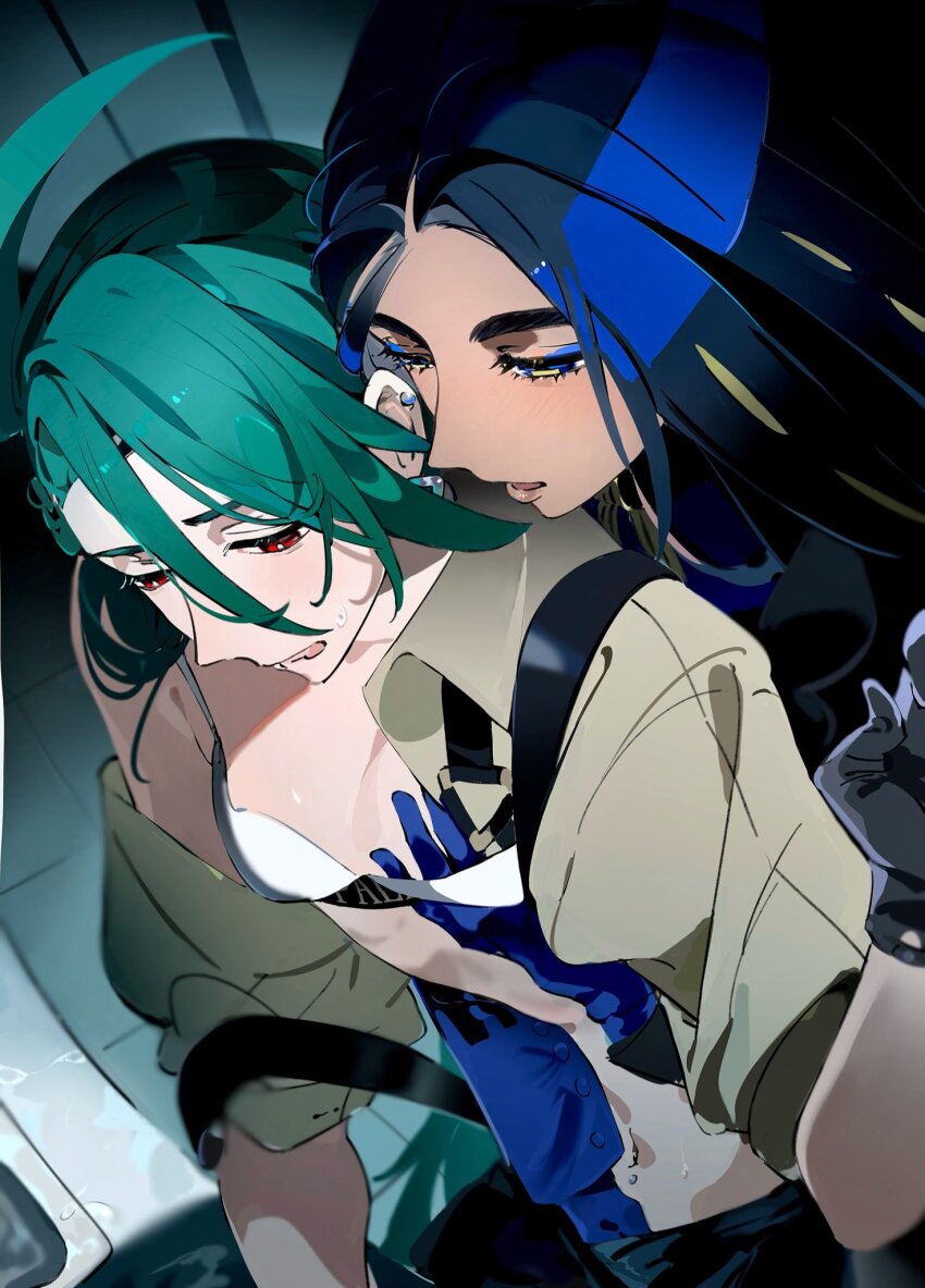 2girls black_gloves blue_gloves blue_hair bra breasts brown_shirt commentary creatures_(company) dark-skinned_female dark_skin english_commentary fingering game_freak geeta_(pokemon) geetasdog gloves grabbing_another&#039;s_breast grabbing_from_behind green_hair groping hand_under_clothes highres long_hair multiple_girls navel navel_piercing nintendo open_clothes open_mouth open_shirt parted_lips piercing pokemon pokemon_sv reach-around red_eyes rika_(pokemon) shirt sleeves_rolled_up small_breasts sweat underwear white_bra yuri