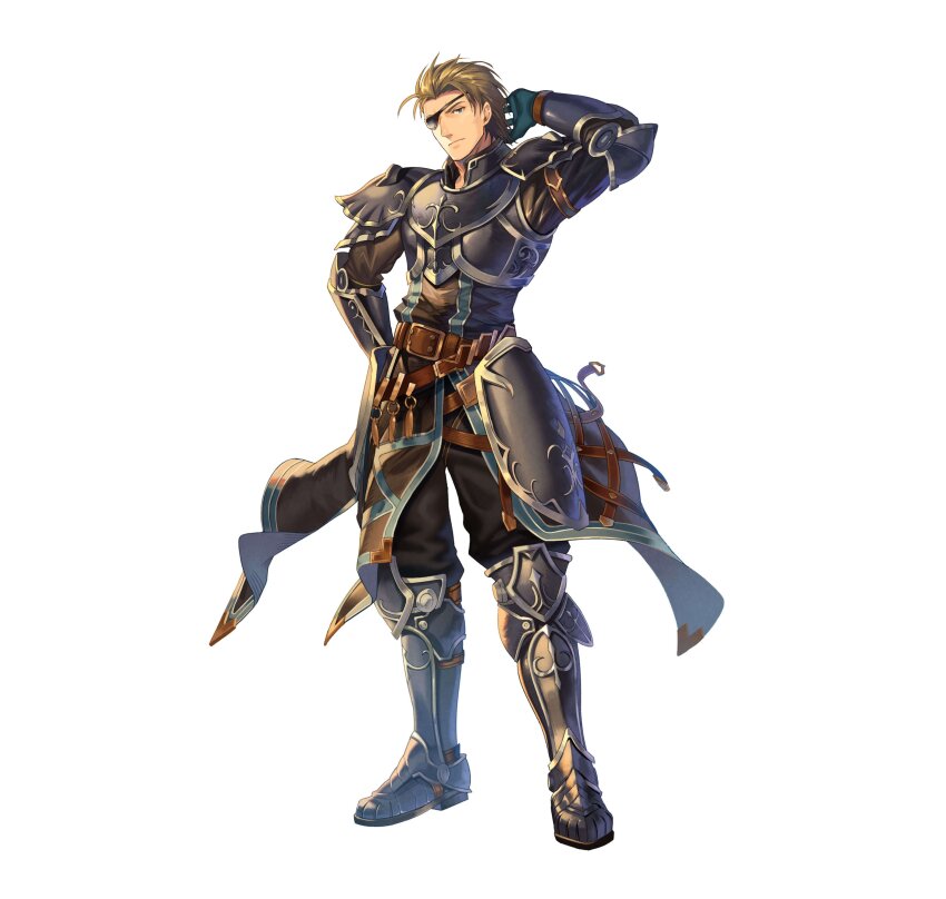 1boy absurdres arm_behind_head armor armored_boots boots brown_hair commentary_request eyepatch fire_emblem fire_emblem:_radiant_dawn fire_emblem_heroes full_body haar_(fire_emblem) hair_slicked_back highres looking_at_viewer male_focus nintendo official_art shimomura_watari simple_background solo standing white_background
