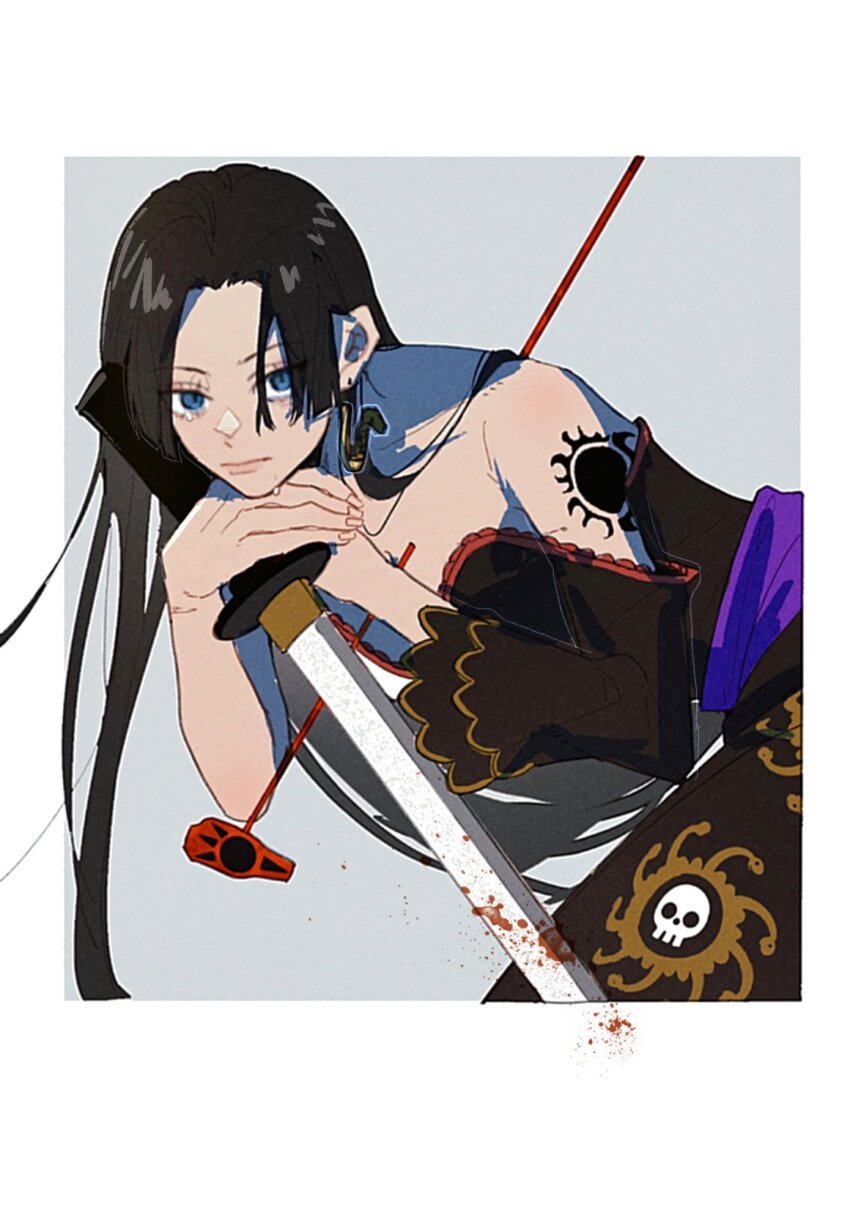1girl arm_tattoo black_hair blue_eyes boa_hancock closed_mouth dress earrings hashtag-only_commentary highres jewelry long_hair looking_at_viewer one_piece onecata11 purple_sash sash single_sleeve snake_earrings solo strapless strapless_dress sword tattoo weapon