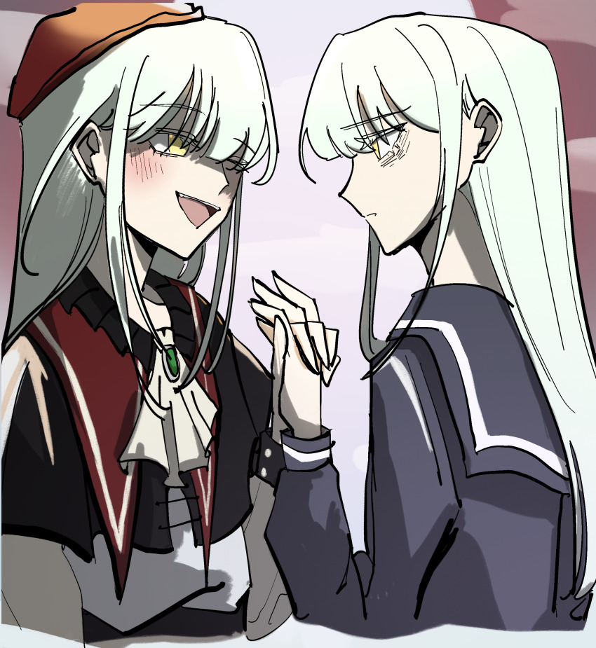 2girls absurdres ascot bang_dream! bang_dream!_it&#039;s_mygo!!!!! black_capelet capelet chinese_commentary commentary_request dual_persona green_hair hat highres holding_hands interlocked_fingers kira_reader long_sleeves mortis_(bang_dream!) mortis_(costume)_(bang_dream!) mortis_(persona)_(bang_dream!) multiple_girls open_mouth red_hat teeth tsukino_usagi upper_teeth_only wakaba_mutsumi white_ascot yellow_eyes