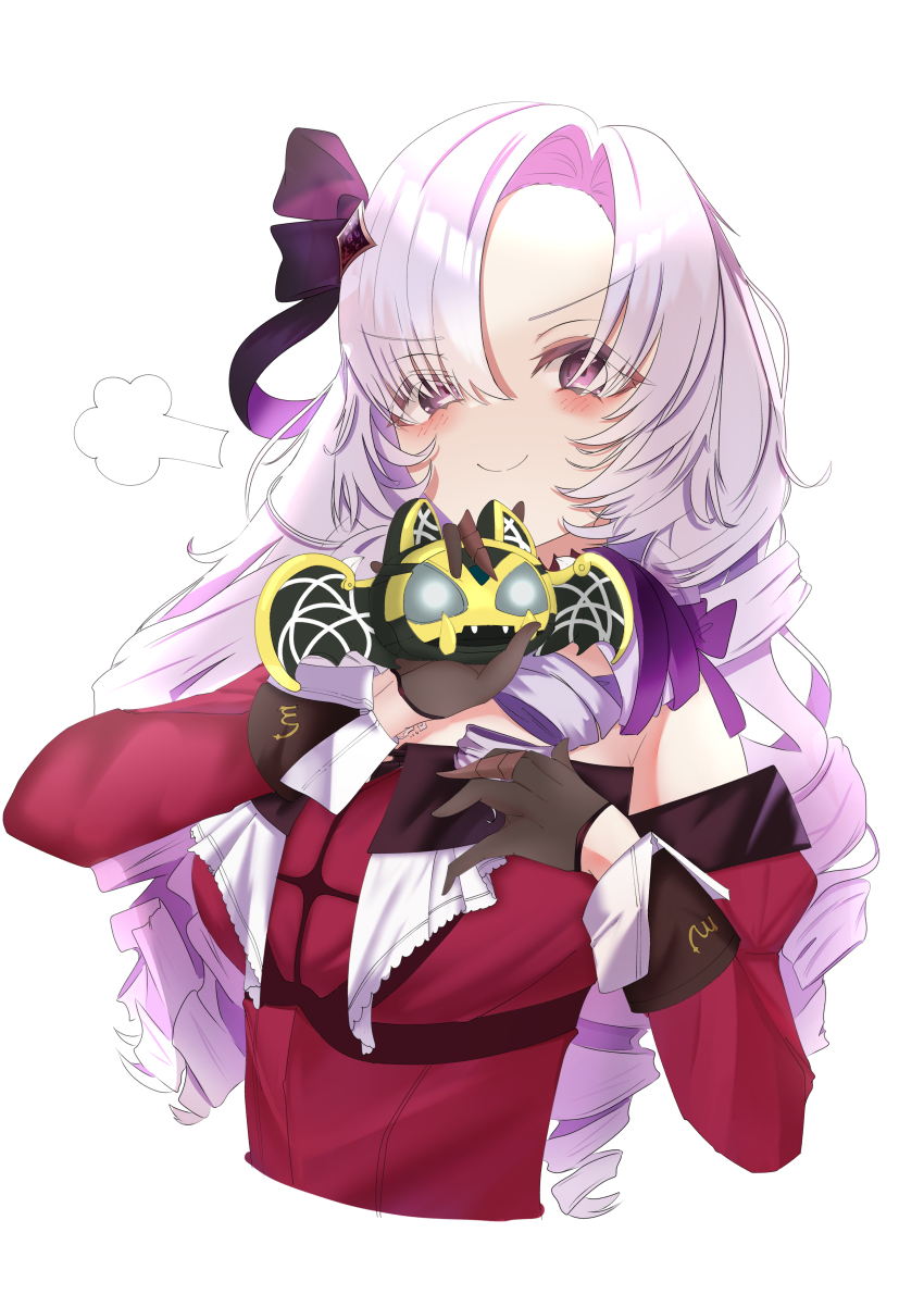 1boy 1girl absurdres blush dress highres hyakumantenbara_salome kamen_rider kamen_rider_kiva_(series) long_hair looking_at_viewer nijisanji purple_eyes purple_hair red_dress ric_(ric_rkgk) simple_background smile upper_body virtual_youtuber white_background