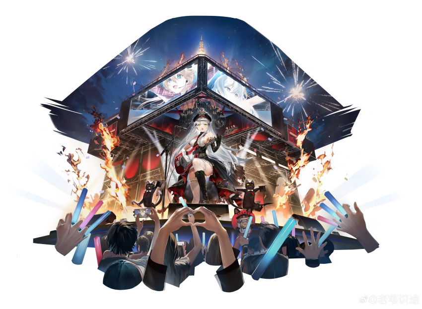 1girl absurdres black_boots boots camera cane cat clukay_(aflame_accent)_(neural_cloud) clukay_(neural_cloud) concert crowd detached_sleeves electric_guitar fire fireworks girls&#039;_frontline girls&#039;_frontline_neural_cloud glowstick green_eyes guitar hat heart heart_hands highres hk416_(girls&#039;_frontline) instrument laowei_shi_tu long_hair microphone microphone_stand music official_alternate_costume official_art peaked_cap playing_instrument solo_focus stage teardrop_facial_mark top_hat white_hair