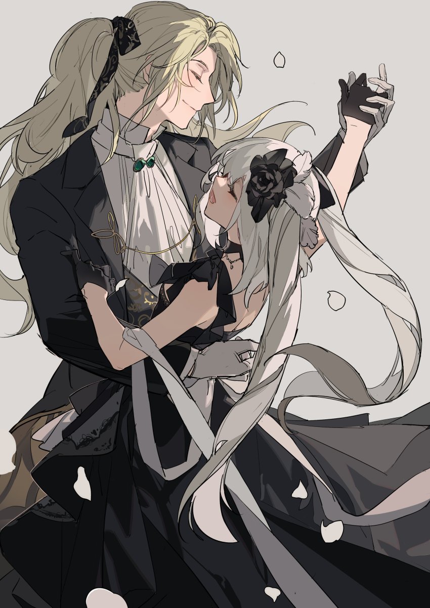 1boy 1girl absurdres arm_around_waist bad_id bad_twitter_id black_dress black_gloves blonde_hair blouse closed_eyes dancing dress fate/grand_order fate_(series) flower formal_clothes gloves grey_background hair_flower hair_ornament hair_ribbon half_gloves highres holding_hands long_hair manly marie_antoinette_(fate) marie_antoinette_(formal_dress)_(fate) official_alternate_costume petals ribbon shirt simple_background smile suit twintails very_long_hair white_gloves white_shirt wolfgang_amadeus_mozart_(fate) wolfgang_amadeus_mozart_(formal_dress)_(fate) zhibuji_loom