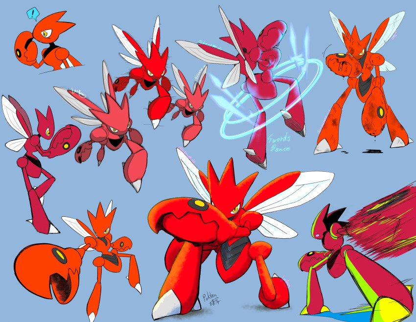 ! 1other absurdres afterimage arm_up arms_up artist_name black_blood black_skin bleeding blood blue_background colored_skin copyright_name cropped_torso cuts english_text facing_away floating floating_object floating_sword floating_weapon foreshortening from_behind from_side full_body game_freak gen_2_pokemon glowing glowing_sword glowing_weapon hand_up highres injury insect_wings kurimaro legs_apart looking_afar motion_lines multicolored_skin multiple_views nintendo on_one_knee open_mouth other_focus outstretched_arm pokemon pokemon_(creature) pokemon_move pokken_tournament profile red_skin scizor scratches serious signature simple_background speech_bubble spoken_exclamation_mark standing sword swords_dance_(pokemon) twitter_username two-tone_skin upper_body weapon white_wings wings wiping_face yellow_eyes
