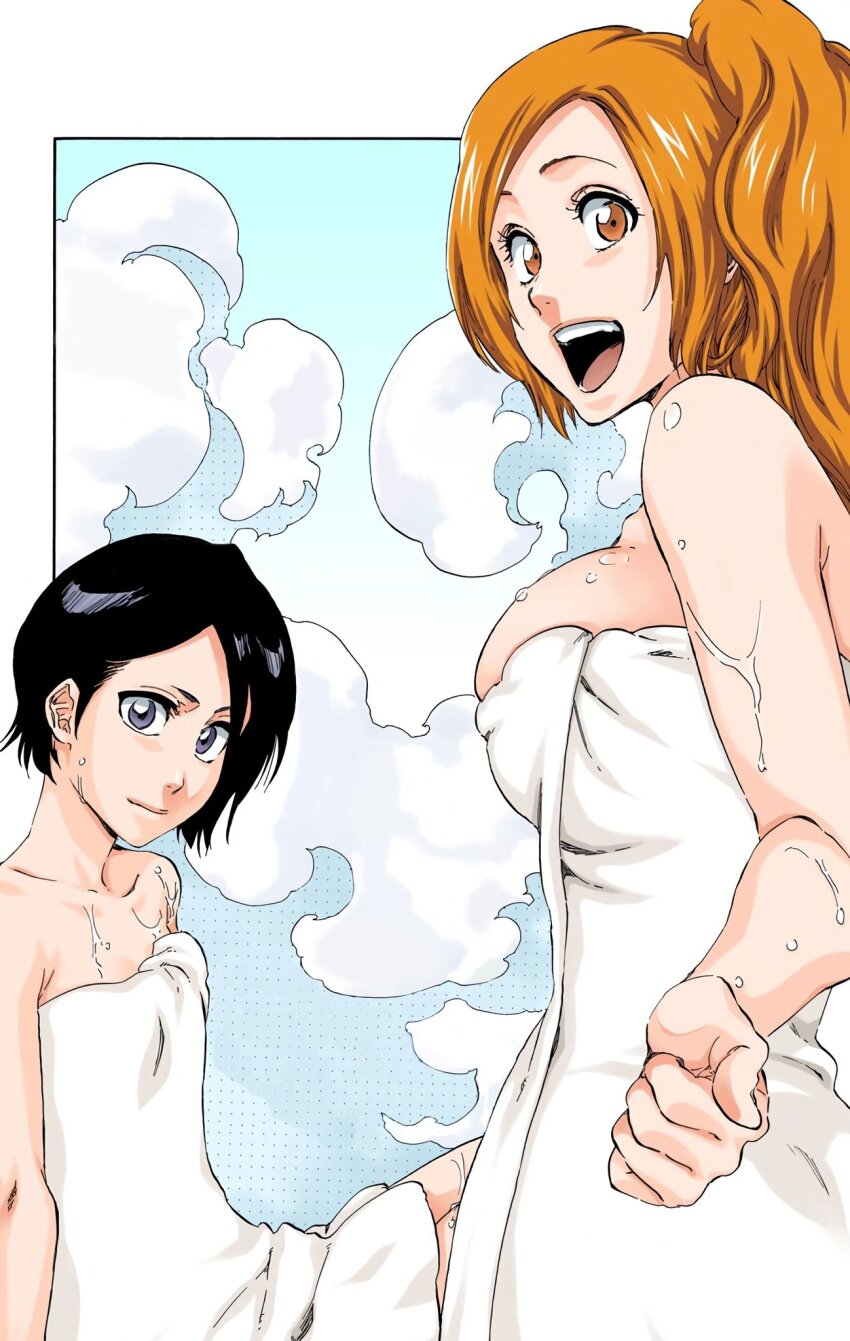2girls bare_shoulders black_hair bleach border breasts brown_eyes closed_mouth collarbone crossed_legs flat_chest inoue_orihime kubo_tite kuchiki_rukia large_breasts long_hair medium_hair multiple_girls official_art open_mouth orange_hair petite side_ponytail simple_background sitting standing steam towel towel_over_breasts wet white_border