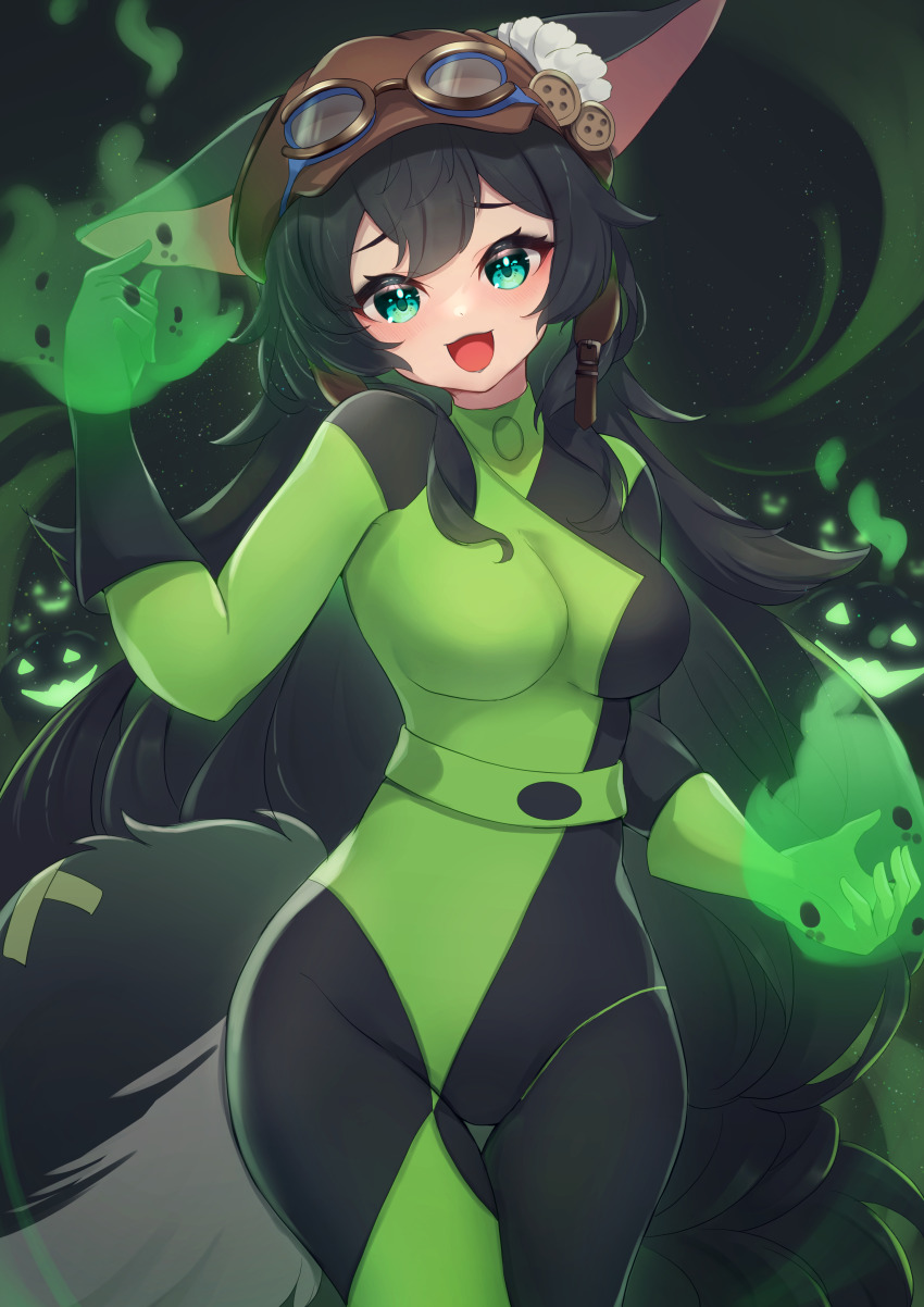 1girl :d absurdres animal_ears animification arm_up asymmetrical_gloves black_bodysuit black_gloves black_hair bodysuit breasts brown_hat newsboy_cap commission copyright_request cosplay fox_ears fox_girl fox_tail gloves glowing goggles goggles_on_headwear green_bodysuit green_eyes green_gloves groin hat highres hinata_(user_rjkt4745) jack-o&#039;-lantern kim_possible_(series) long_hair looking_at_viewer medium_breasts mismatched_gloves multicolored_bodysuit open_mouth pixiv_commission shego shego_(cosplay) smile solo tail very_long_hair virtual_youtuber