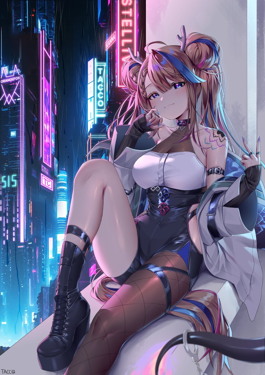 1girl absurdres airi_kanna blue_eyes blush breasts brown_hair city closed_mouth highres horns long_hair looking_at_viewer medium_breasts multicolored_hair nail_polish sitting smile solo stellive streaked_hair tacco_(tikeworld) tail thighhighs thighs twintails very_long_hair virtual_youtuber