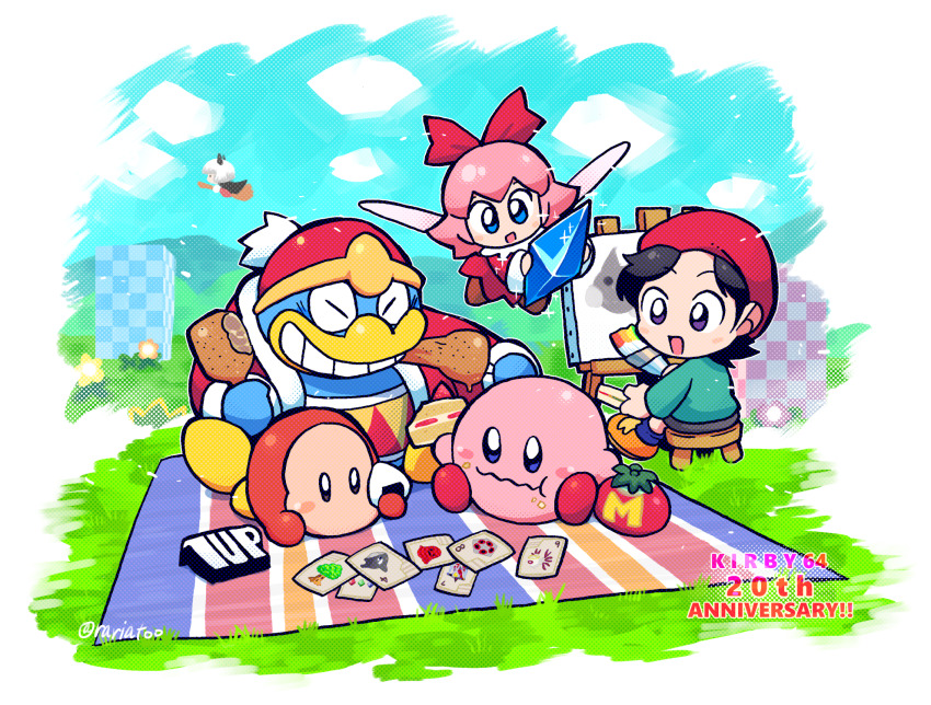2girls acro_(kirby) adeleine animal_ears black_hair blanket blue_eyes blue_sky broom broom_riding cake card cat_ears chewing cloud coat crystal_shards dress drumsticks easel fairy flower food grass grey_skirt grin highres hr-h keke_(kirby) king_dedede kirby kirby_(series) kirby_64 looking_at_another magman maxim_tomato miracle_matter multiple_girls n-z nintendo onigiri paintbrush pink_hair pix_(league_of_legends) rariatto_(ganguri) red_coat red_dress red_headwear red_ribbon ribbon ribbon_(kirby) sandwich shoes skirt sky smile smock stool waddle_dee whispy_woods white_hair zero_two_(kirby)