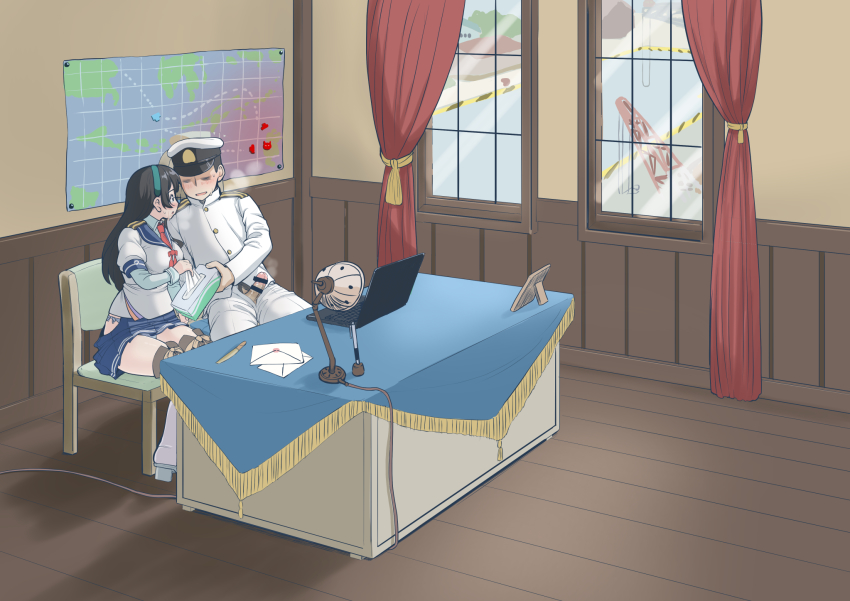 1boy 1girl admiral_(kancolle) after_fellatio bar_censor black_hair blue_skirt censored chair computer crane_(machine) cum cum_on_body desk erection facial green_hairband hairband hat hetero highres indoors kantai_collection laptop long_hair long_sleeves map military military_uniform mimofu_(fullhighkick) miniskirt naval_uniform ooyodo_(kancolle) peaked_cap penis pleated_skirt school_uniform serafuku skirt speech_bubble thighhighs tissue_box translated window wooden_floor