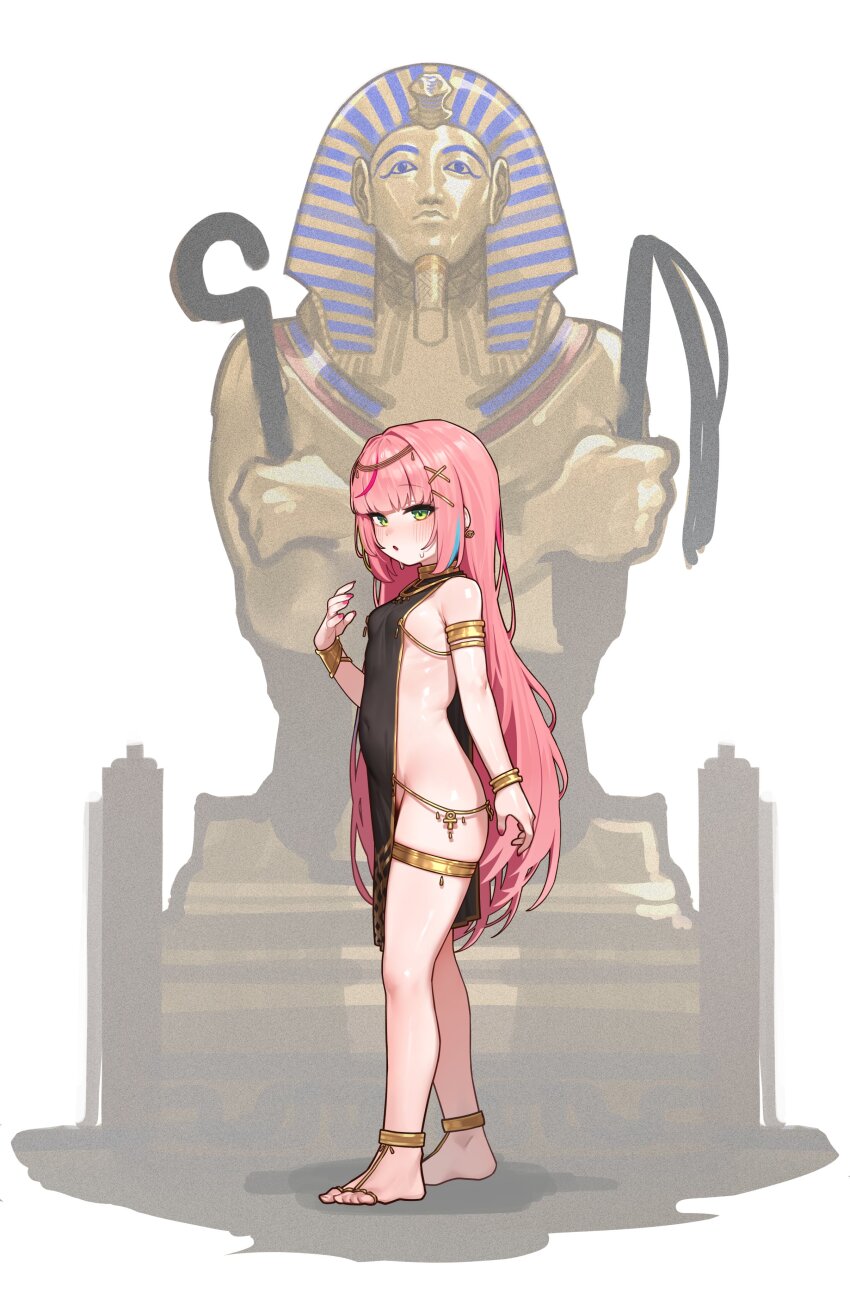 1girl absurdres ancient_egyptian ancient_egyptian_clothes anklet armlet bare_shoulders barefoot black_dress bracelet breasts coffin commentary_request covered_navel dress full_body green_eyes hair_ornament hanako_nana hand_up highres jewelry korean_commentary long_hair looking_at_viewer multicolored_hair no_bra no_panties open_mouth pelvic_curtain pink_hair sangobob sideless_dress small_breasts solo standing stellive streaked_hair thighlet thighs very_long_hair virtual_youtuber x_hair_ornament
