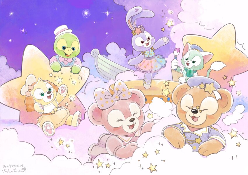 3boys 3girls animal_ears bear_girl cookieann duffy_and_friends duffy_the_disney_bear gelatoni green_fur highres looking_at_viewer multiple_boys multiple_girls olu_mel rabbit_ears rabbit_girl shelliemay shirt smile star_(sky) star_(symbol) stellalou stuffed_animal stuffed_toy takatmaorange turtle_boy