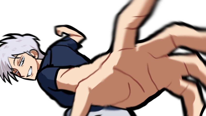 1boy akagi:_yami_ni_oritatta_tensai akagi_shigeru black_eyes black_shirt dotekon foreshortening fukumoto_mahjong grey_hair grin hashtag-only_commentary incoming_attack incoming_punch looking_at_viewer male_focus meme motion_blur pepe_punch_(meme) punching reaching reaching_towards_viewer shirt short_hair short_sleeves simple_background smile solo upper_body white_background