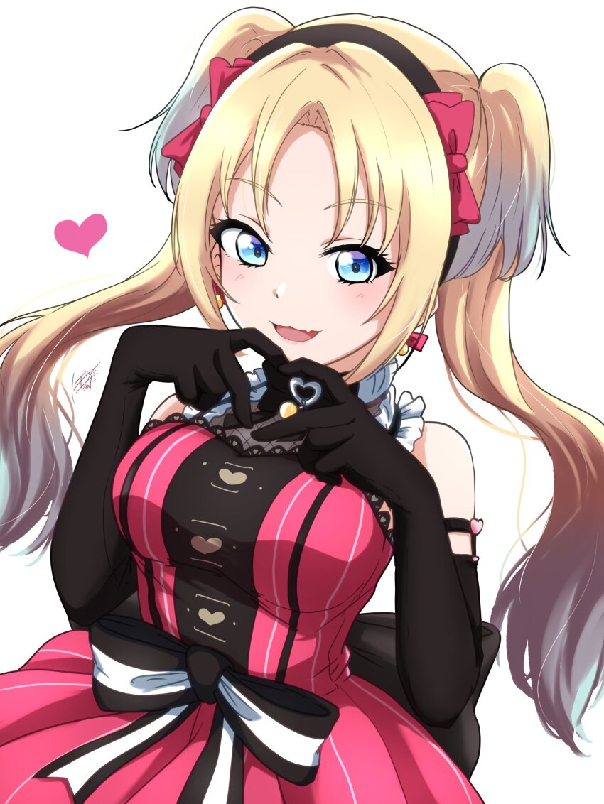 1girl four-finger_heart_hands :3 :d arm_garter back_bow black_bow black_gloves black_hairband blonde_hair blue_eyes blue_hair bow bow_hairband breasts commentary dress elbow_gloves fang gloves gradient_hair hairband heart heart_hands highres large_breasts light_blue_hair link!_like!_love_live! long_hair love_live! miracreation multicolored_hair noochan_chonoda official_alternate_costume open_mouth osawa_rurino parted_bangs pink_dress pinstripe_dress pinstripe_pattern red_bow sidelocks signature simple_background skin_fang sleeveless sleeveless_dress smile solo twintails upper_body virtual_youtuber white_background