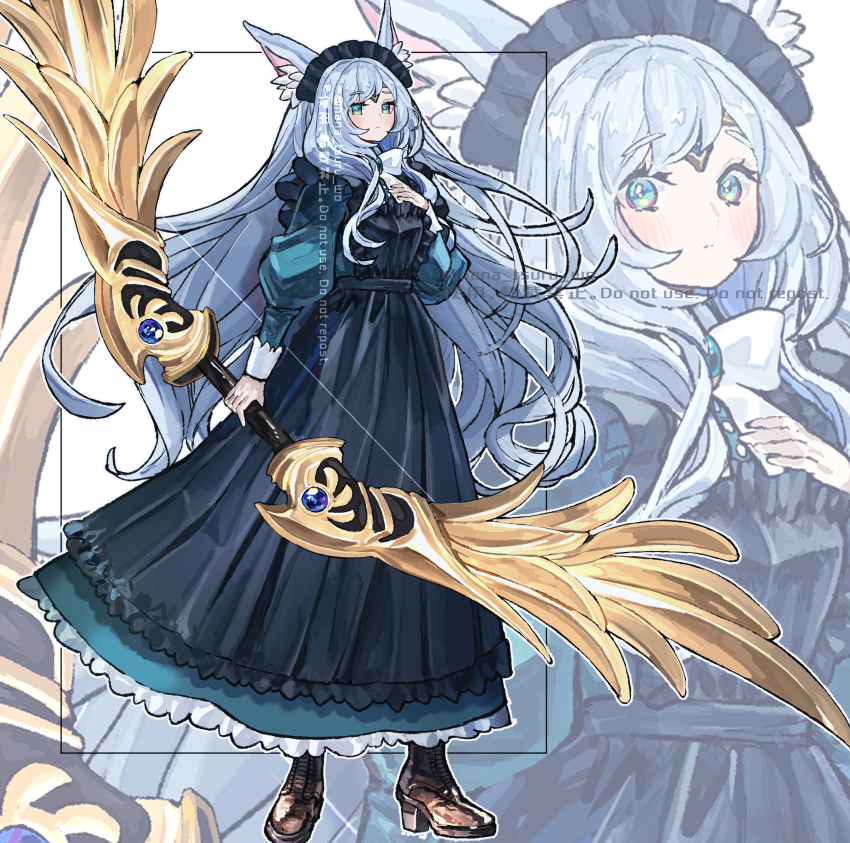 1girl alternate_costume animal_ear_fluff animal_ears apollousa_bow_of_the_goddess black_dress blue_hair blush boots bow_(weapon) closed_mouth dress duel_monster forehead_jewel frills full_body green_eyes hand_on_own_chest highres holding holding_bow_(weapon) holding_weapon long_hair long_sleeves looking_at_viewer maid maid_headdress sugomori_tsuru_(hana_tsuru_wo) very_long_hair weapon white_background yu-gi-oh!