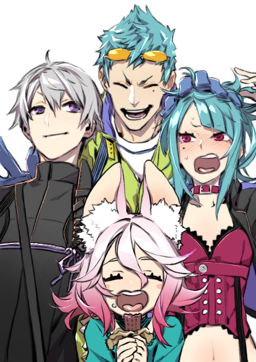 2boys 2girls 7th_dragon_(series) 7th_dragon_2020 7th_dragon_2020-ii animal_ear_fluff animal_ears aqua_hair asymmetrical_bangs black_jacket blue_gloves bustier candy chocolate chocolate_bar choker closed_eyes closed_mouth eating eyewear_on_head food gloves gradient_hair green_jacket grey_hair hand_on_another&#039;s_head highres jacket long_hair marina_(7th_dragon_2020-ii) miwa_shirow mole mole_under_eye multicolored_hair multiple_boys multiple_girls navel open_mouth pink_choker pink_eyes pink_hair purple_eyes sakuraba_izumi sakuraba_shouji samurai_(7th_dragon) samurai_(7th_dragon) shirt short_hair simple_background smile smirk teeth tinted_eyewear upper_body upper_teeth_only v-shaped_eyebrows white_background white_shirt yellow-tinted_eyewear