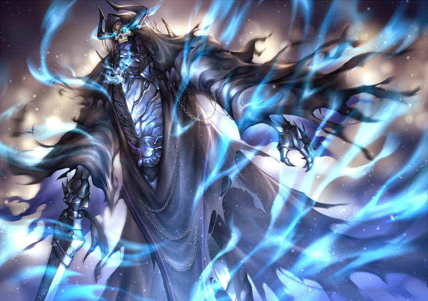 1boy armor black_cloak blue_fire chain cloak fate/grand_order fate_(series) fire full_armor glowing glowing_eyes hands_on_hilt highres horns king_hassan_(fate) mask nasaniliu pixiv_fate/grand_order_contest_2 skull skull_mask spikes sword torn_clothes translation_request weapon