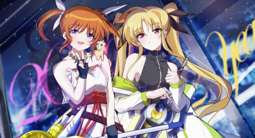 2girls absurdres bardiche_(nanoha) bardiche_(straight_saber_form)_(nanoha) bare_shoulders blonde_hair blush brown_hair changpan_hutao coat cosplay fate/grand_order fate_(series) fate_testarossa fingerless_gloves gloves hair_ribbon highres himiko_(fate) himiko_(fate)_(cosplay) himiko_(first_ascension)_(fate) holding jewelry long_hair long_sleeves looking_at_viewer lyrical_nanoha magical_girl mahou_shoujo_lyrical_nanoha mahou_shoujo_lyrical_nanoha_reflection mizuki_nana multiple_girls nagao_kagetora_(fate) necklace obi off_shoulder open_mouth purple_eyes raising_heart raising_heart_(device_mode)_(1st) red_eyes ribbon sash smile takamachi_nanoha tamura_yukari teeth twintails uesugi_kenshin_(fate) uesugi_kenshin_(fate)_(cosplay) uesugi_kenshin_(second_ascension)_(fate) v very_long_hair voice_actor_connection yuuno_scrya