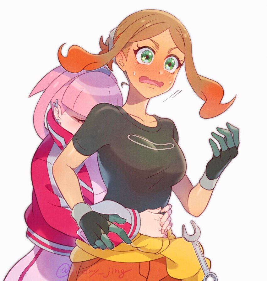 2girls blunt_bangs blush breasts brown_hair dress earrings gloves green_eyes hair_ornament highres hug hug_from_behind ivory_(25680nico) jacket jewelry medium_breasts mollie_(pokemon) multicolored_hair multiple_girls nintendo open_clothes open_jacket open_mouth orange_pants orla_(pokemon) pants pink_dress pink_hair pokemon pokemon_(anime) pokemon_horizons shirt short_sleeves t-shirt