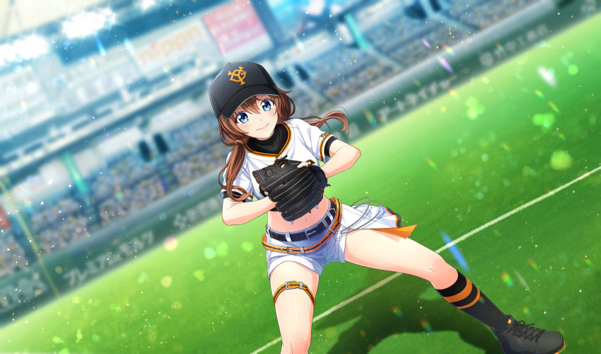 1girl arihara_tsubasa baseball_cap baseball_glove baseball_stadium baseball_uniform belt belt_buckle black_belt black_footwear black_hat black_socks black_undershirt blue_eyes blurry brown_hair buckle cinderella_series closed_mouth crowd depth_of_field dutch_angle film_grain foot_out_of_frame game_cg hachigatsu_no_cinderella_nine hair_between_eyes hat highres indoors lens_flare light_brown_hair long_hair low_twintails navel nippon_professional_baseball non-web_source official_alternate_hairstyle official_art on_grass shirt shirt_under_shirt short_sleeves shorts smile socks solo sportswear standing tied_shirt tokyo_dome twintails white_shirt white_shorts yomiuri_giants