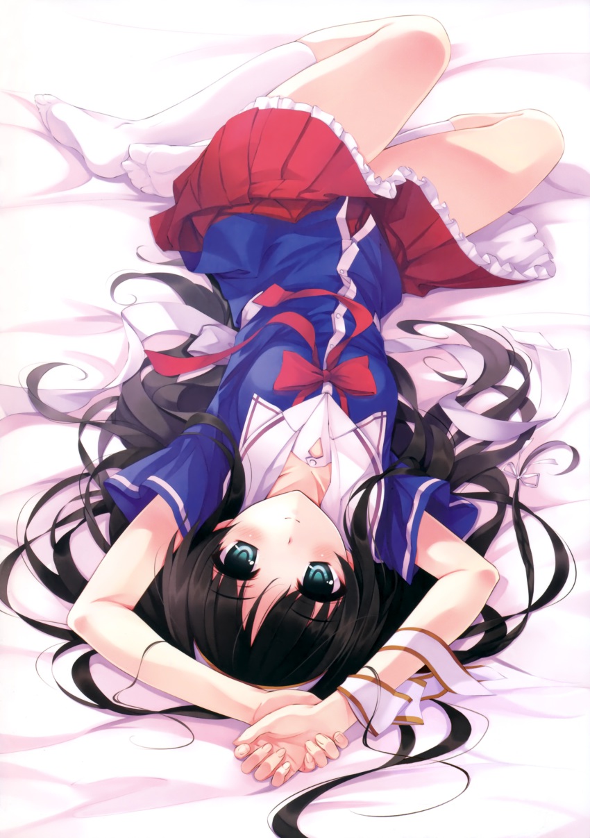 1girl absurdres aqua_eyes arms_up black_hair blush collarbone crossnet feet female_focus foreshortening frilled_skirt frills highres irotoridori_no_sekai kisaragi_mio_(irotoridori_no_sekai) kneehighs long_hair lying miniskirt misaki_kurehito on_back pleated_skirt red_skirt school_uniform skirt smile socks solo upside-down white_socks