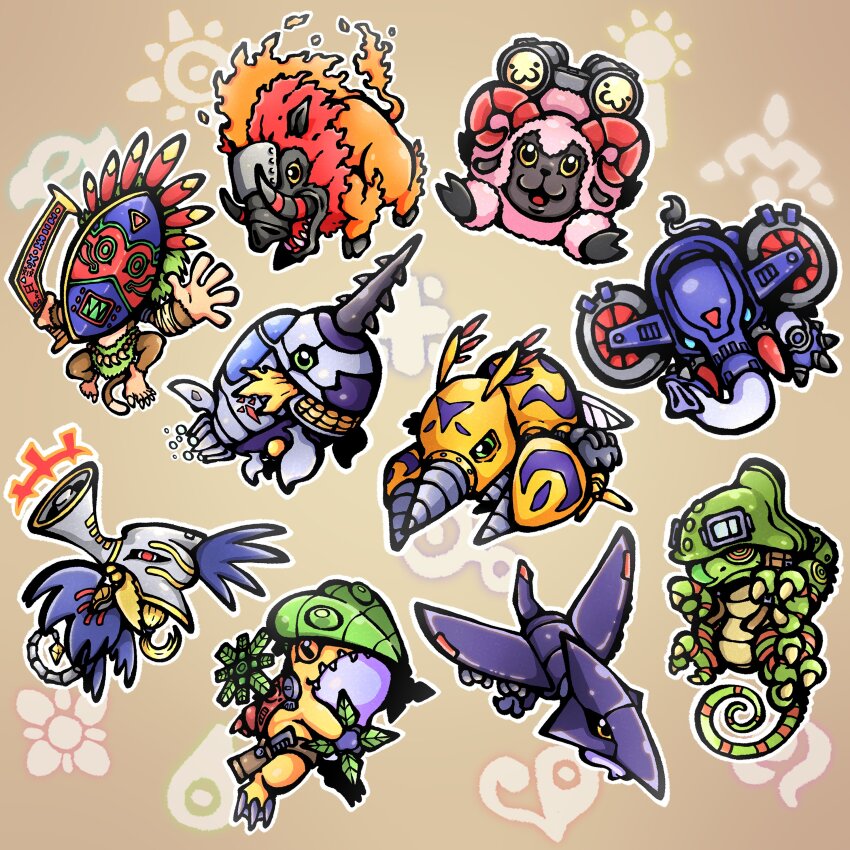 armor boarmon bug chamelemon crests_(digimon) digimon digimon_(creature) digimon_adventure_02 digmon drill elephamon exoskeleton frogmon goggles goggles_on_head pteranomon seahomon sepikmon sheepmon submarimon tail