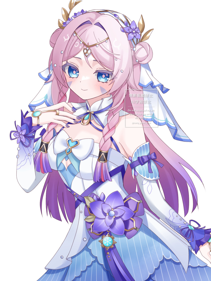 1girl alternate_costume bare_shoulders blue_dress blue_eyes blue_gemstone blue_ribbon blue_sleeves blush breasts circlet citlali_(genshin_impact) closed_mouth commentary_request cosplay cryo_symbol_(genshin_impact) detached_sleeves double_bun dress facial_mark fingernails flower gem genshin_impact hair_bun hair_flower hair_ornament hand_up highres kino_(curry_pan) long_hair long_sleeves looking_at_viewer medium_breasts multicolored_dress multicolored_hair multicolored_sleeves nail_polish nilou_(breeze_of_sabaa)_(genshin_impact) nilou_(genshin_impact) nilou_(genshin_impact)_(cosplay) partial_commentary pink_hair pink_pupils purple_flower purple_hair purple_nails ribbon sleeveless sleeveless_dress smile solo triangle triangle_facial_mark very_long_hair vision_(genshin_impact) white_background white_dress white_sleeves