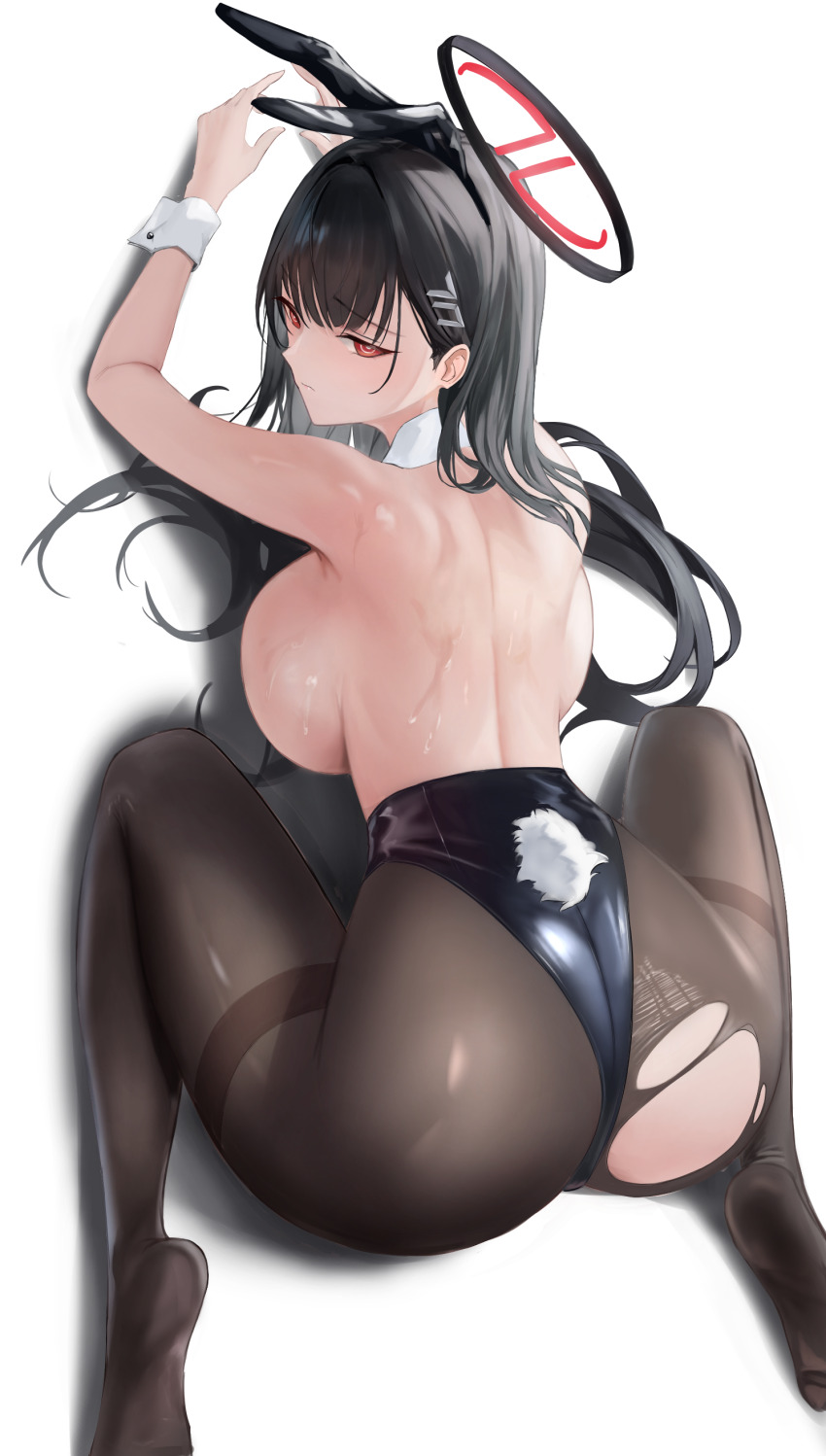 1girl absurdres all_fours animal_ear_hairband animal_ears ass backboob backless_leotard black_hair black_leotard blue_archive breasts chunchilin fake_animal_ears from_behind hairband halo highres huge_breasts leotard long_hair looking_back m_legs pantyhose playboy_bunny rabbit_ear_hairband rabbit_ears rabbit_tail red_eyes rio_(blue_archive) sideboob solo tail thighs torn_clothes torn_pantyhose very_long_hair wrist_cuffs