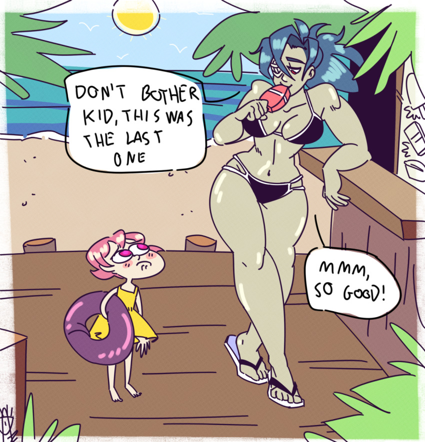 beach bikini food highres innertube magnagallina pier popsicle skullgirls speech_bubble swim_ring swimsuit umbrella_(skullgirls) valentine_(skullgirls)