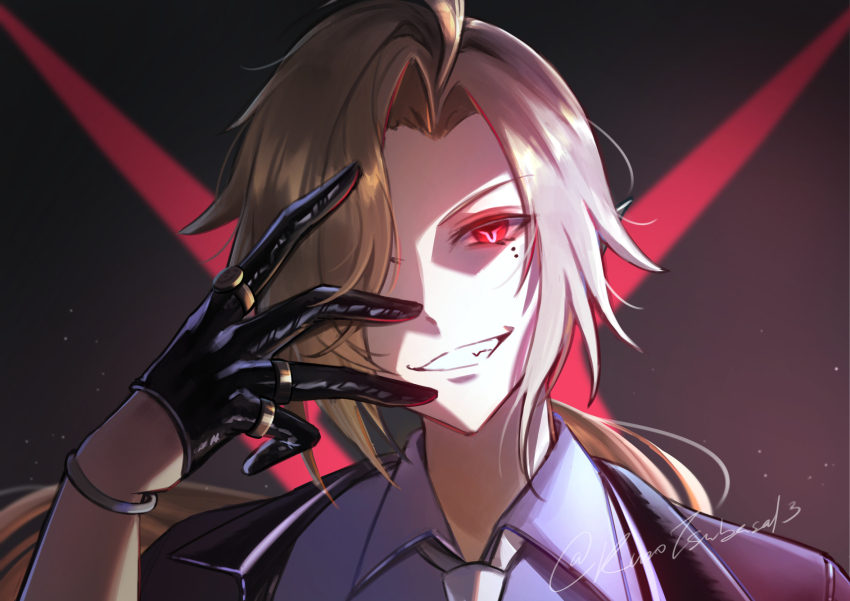 1boy black_gloves black_jacket blonde_hair blue_shirt code_geass collared_shirt commentary english_commentary fukuyama_jun gloves glowing glowing_eye grin hair_over_one_eye highres hugo_vlad jacket kuro_tsubasa long_hair looking_at_viewer male_focus mole mole_under_eye parody red_eyes shirt simple_background smile solo twitter_username upper_body voice_actor_connection zenless_zone_zero