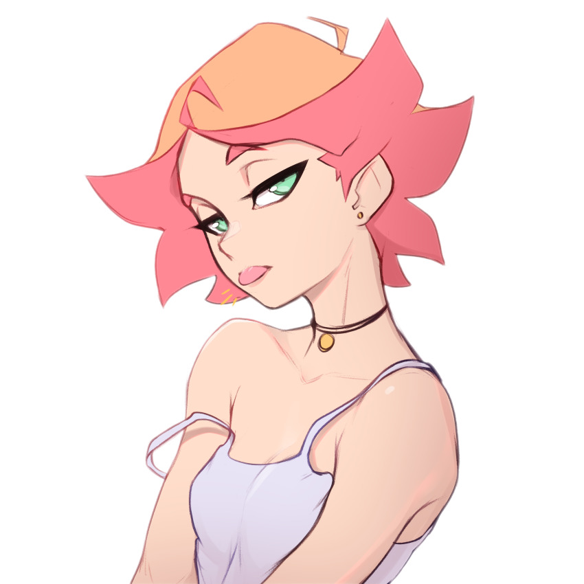 1girl absurdres ahoge amanda_o&#039;neill breasts earrings green_eyes highres jewelry little_witch_academia looking_at_viewer necklace orange_hair pudgeruffian red_hair shirt short_hair simple_background small_breasts solo strap_slip tank_top tongue tongue_out upper_body white_background white_shirt