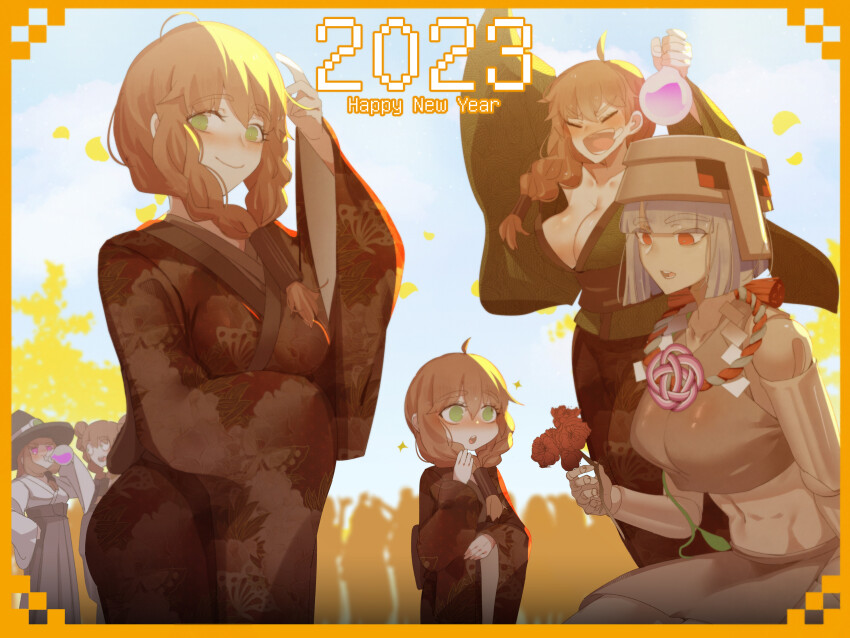 2023 6+girls absurdres at2. blunt_bangs blunt_ends breasts cleavage flower green_eyes happy_new_year hat highres iron_golem_(minecraft) japanese_clothes kimono large_breasts medium_breasts midriff minecraft multiple_girls new_year pale_skin rose smile villager_(minecraft) witch_(minecraft)