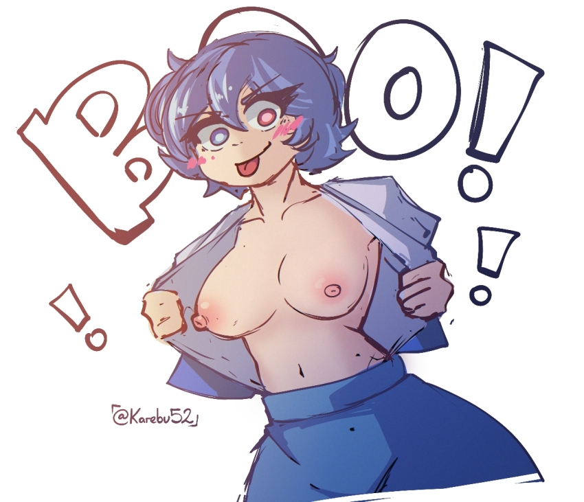 ! &gt;:p 1girl blue_eyes blue_hair blue_shirt blue_skirt blush_stickers breasts closed_mouth commentary cowboy_shot english_commentary english_text flashing heterochromia karebu52 looking_at_viewer medium_breasts midriff navel open_clothes red_eyes shirt short_hair simple_background skirt smile solo tatara_kogasa text_background tongue tongue_out touhou twitter_username white_background