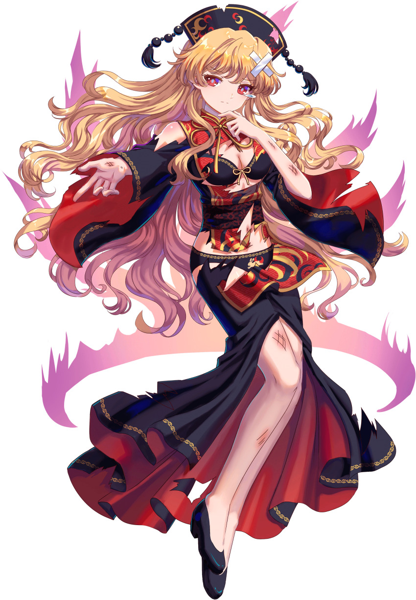 1girl absurdres animal_print black_bra black_dress black_footwear black_hat black_panties blonde_hair bra breasts chinese_clothes cleavage crescent crescent_print crossed_bandaids dalachi_(headdress) dress fire flats full_body game_cg hat highres injury junko_(touhou) kumio long_hair navel no_socks non-web_source panties purple_fire rabbit_print red_eyes red_tabard ribbon solo tabard tachi-e teardrop torn_clothes torn_dress torn_tabard touhou touhou_blooming_chaos underwear wide_sleeves yellow_ribbon