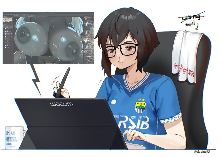 2girls artist_self-insert black-framed_eyewear black_hair blood blue_shirt bouncing_breasts brand_name_imitation breasts brown_eyes chair cowgirl_position cup dark-skinned_female dark_skin drawing_(action) drawing_tablet head_out_of_frame highres huge_breasts keyblade long_hair lulu-chan92 mug multiple_girls nipples nosebleed office_chair original persib_bandung shirt short_hair short_sleeves sitting soccer_uniform sportswear straddling stylus sweat swivel_chair towel vaginal very_long_hair wacom white_hair