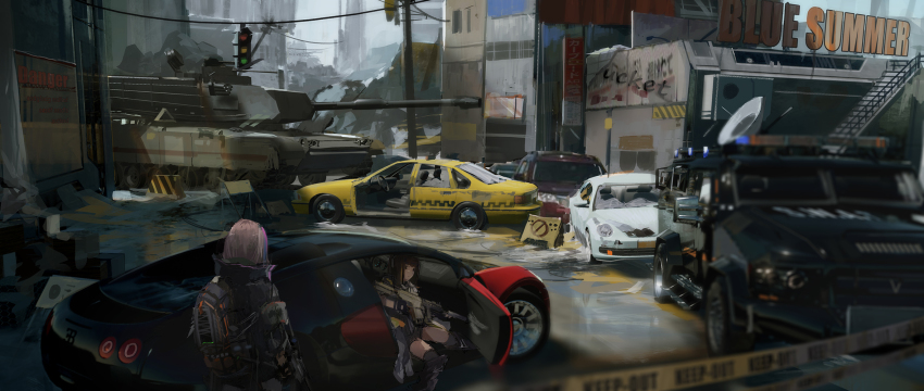 2girls ar-15 assault_rifle backpack bag black_hair blurry browning_m2 bugatti bugatti_veyron building car chevrolet chevrolet_impala city day depth_of_field girls&#039;_frontline graffiti gun heavy_machine_gun highres m1_abrams m4_carbine m4a1_(girls&#039;_frontline) machine_gun military military_vehicle motor_vehicle multiple_girls novelance pink_hair power_lines rifle road rubble scenery scope sign sitting sketch sports_utility_vehicle st_ar-15_(girls&#039;_frontline) street tank taxi thighhighs traffic_light utility_pole war weapon
