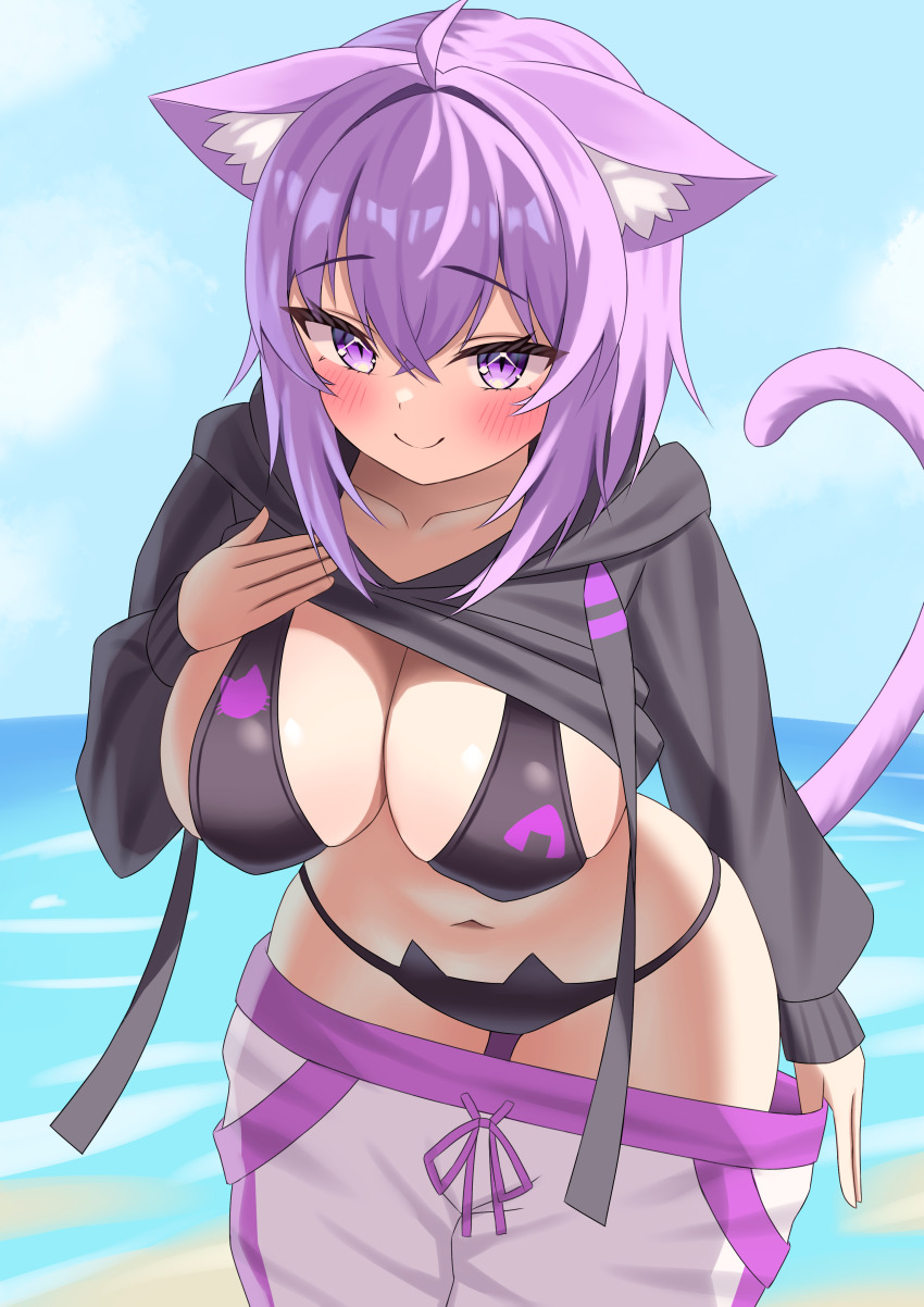 1girl absurdres ahoge animal_ears bikini black_bikini black_hoodie blue_sky blush breasts cat_ear_bikini cat_ears cat_girl cat_tail closed_mouth clothes_lift cloud cloudy_sky day highres hololive hood hoodie hoodie_lift kumoru_(kumoru_145) large_breasts leaning_forward long_sleeves looking_at_viewer medium_hair navel nekomata_okayu nekomata_okayu_(1st_costume) outdoors pants pants_lift purple_eyes purple_hair purple_tail sky smile solo stomach swimsuit tail thighs virtual_youtuber white_pants