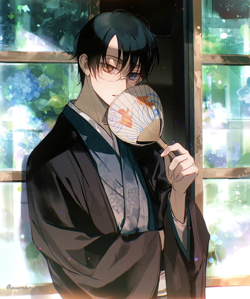 1boy animal_print arm_across_waist bishounen black_hair black_robe blue_flower blue_kimono blurry blurry_background closed_mouth covered_mouth fish_print flower glasses goldfish_print hair_behind_ear hair_between_eyes hand_fan hand_up heterochromia highres japanese_clothes kimono layered_clothes layered_sleeves looking_at_viewer male_focus plant print_paper_fan rimless_eyewear robe sash shirt shusuzu solo undershirt upper_body watanuki_kimihiro white_sash white_shirt wide_sleeves window xxxholic