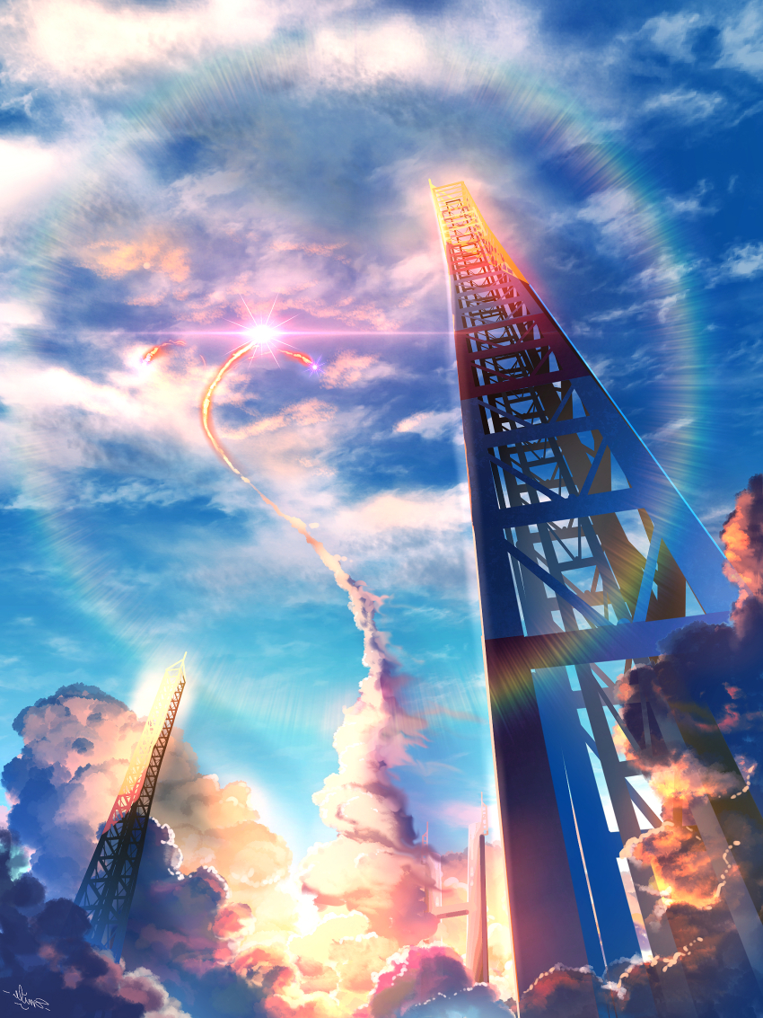 absurdres blue_sky cloud day highres launching no_humans original outdoors rocket scenery sky smile_(qd4nsvik) smoke sun
