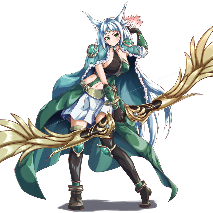 1girl animal_ear_fluff animal_ears apollousa_bow_of_the_goddess aqua_eyes archery_shooting_glove black_thighhighs blush bow_(weapon) breasts cape duel_monster gloves green_eyes highres holding holding_bow_(weapon) holding_weapon large_breasts midriff miniskirt navel okuratora partially_fingerless_gloves simple_background skirt solo thighhighs weapon white_background white_skirt yu-gi-oh! zettai_ryouiki