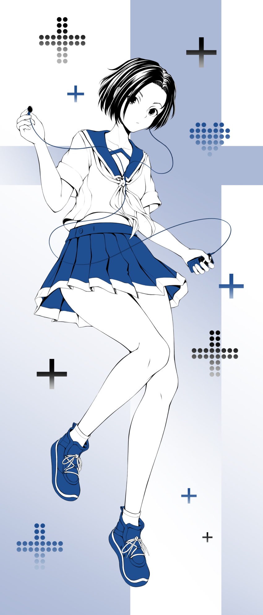 1girl absurdres black_eyes black_hair bob_cut breasts cable closed_mouth cloud_(1301146185) digital_media_player earbuds earphones full_body hair_over_one_eye hand_up highres holding holding_earphones kobayakawa_rinko looking_at_viewer love_plus monochrome neckerchief parted_bangs pleated_skirt plus_sign sailor_collar school_uniform serafuku shoelaces shoes short_sleeves simple_background single_earphone_removed skirt small_breasts sneakers socks solo walkman white_socks