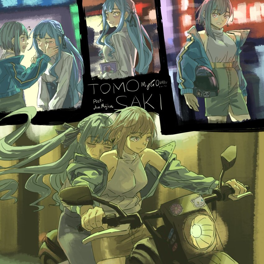 2girls anjuro_zeeku asymmetrical_hair bandaid bang_dream! bang_dream!_it&#039;s_mygo!!!!! belt black_ribbon blue_hair blue_jacket blush closed_eyes closed_mouth commentary earrings english_commentary flying_sweatdrops green_skirt grey_hair grey_skirt hair_ribbon helmet highres hug hug_from_behind jacket jewelry kaname_raana long_hair long_sleeves medium_hair motor_vehicle motorcycle motorcycle_helmet multiple_girls on_motorcycle open_clothes open_jacket parted_lips pink_eyes ribbon shirt skirt sleeveless sleeveless_shirt smile takamatsu_tomori tears togawa_sakiko two_side_up white_shirt wiping_tears yuri