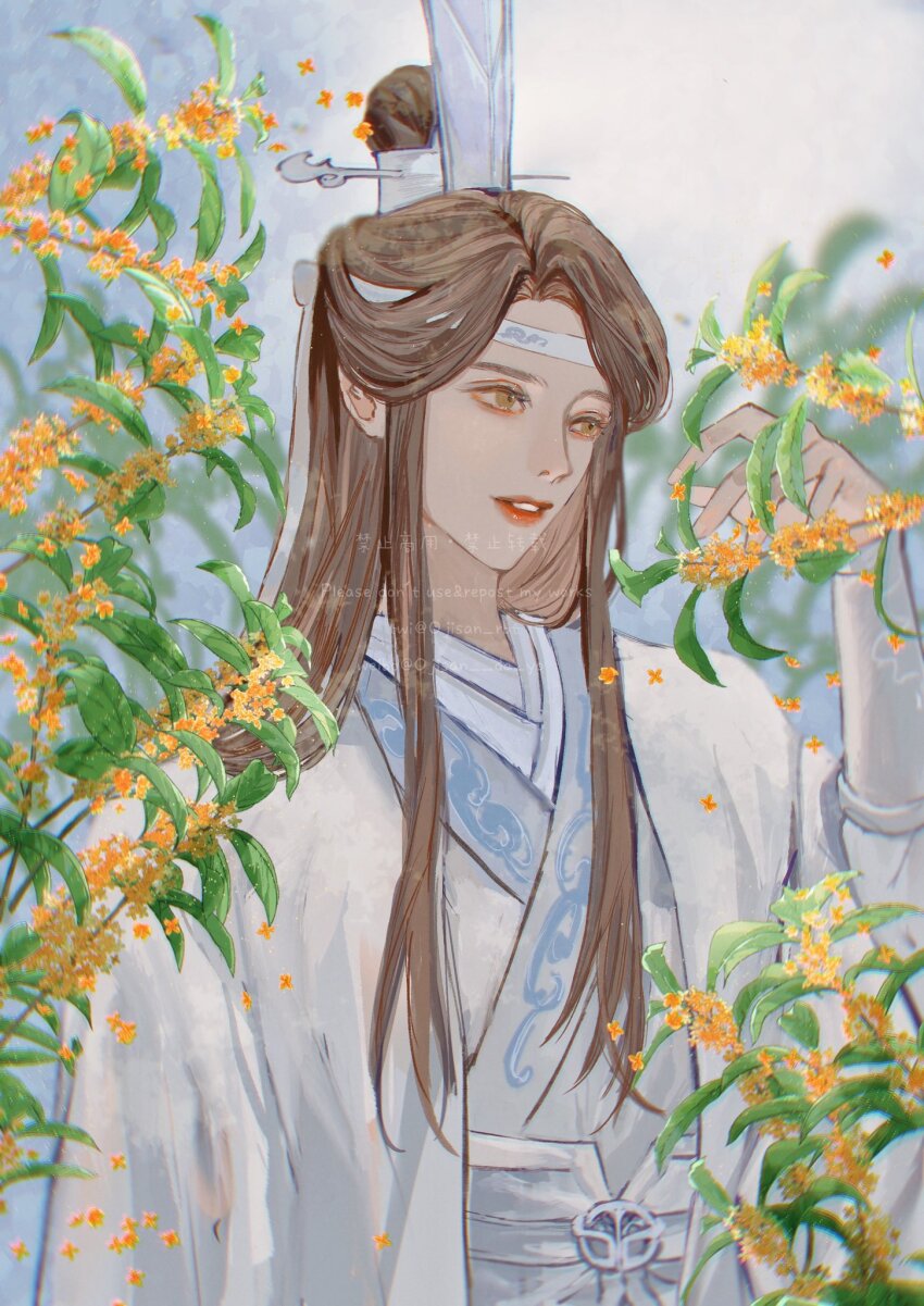 1boy brown_eyes brown_hair chinese_clothes coat flower hand_up hanfu headband highres holding holding_flower lan_xichen leaf long_hair long_sleeves looking_at_flowers male_focus modao_zushi ojisan_rbt open_clothes open_coat orange_flower parted_lips plant sash sidelocks smile solo teeth topknot twitter_username upper_body watermark white_coat white_hanfu white_headband wide_sleeves xiao_guan_(headdress)