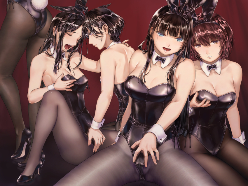 5girls animal_ears black_hair black_leotard black_pantyhose blue_eyes breasts brown_eyes brown_hair cleavage clitoral_stimulation_through_clothing closed_eyes closed_mouth commentary fake_animal_ears fake_tail highres large_breasts leotard long_hair medium_breasts multiple_girls open_mouth original pantyhose playboy_bunny rabbit_ears rabbit_tail short_hair sidelocks spread_legs symbol-only_commentary tail takekawa_shin white_wrist_cuffs wrist_cuffs yuri