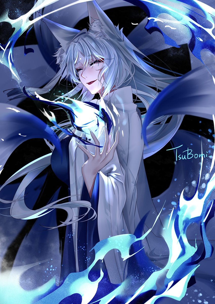1girl absurdres blue_fire casting_spell chinese_commentary closed_eyes coat commentary du_ruo_(path_to_nowhere) extra_tails fire floating_hair forehead_jewel fox_girl fox_tail from_side highres light_particles long_hair looking_at_viewer looking_back official_alternate_costume open_clothes open_coat parted_bangs path_to_nowhere signature solo tail tsubomi_qq upper_body white_coat white_hair