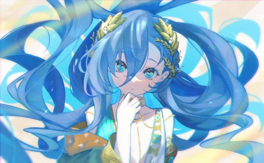 1girl 37_(reverse:1999) :/ baiye_renxing bare_shoulders blue_eyes blue_hair blue_robe closed_mouth floating_hair hair_between_eyes hand_on_own_chin head_tilt highres laurel_crown long_hair reverse:1999 robe solo stroking_own_chin upper_body very_long_hair yellow_background