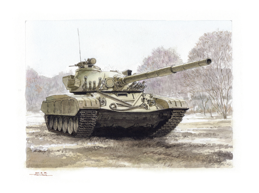 caterpillar_tracks dated gun horikou machine_gun military military_vehicle motor_vehicle no_humans original painting_(medium) signature soviet t-72 tank traditional_media vehicle_focus watercolor_(medium) weapon